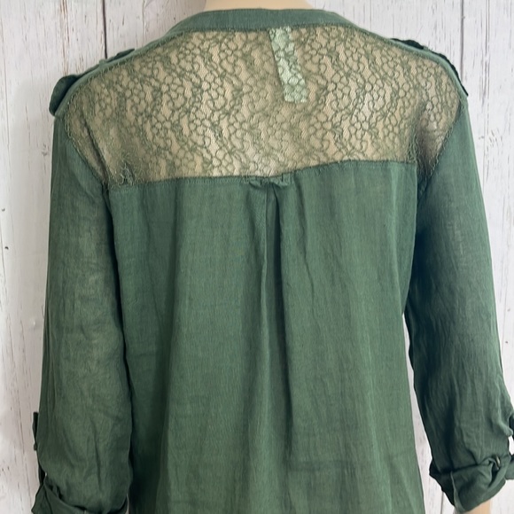 Free People Green Linen Cotton Blend Long Sleeves Army Green Top Lace Bodice - Picture 9 of 11